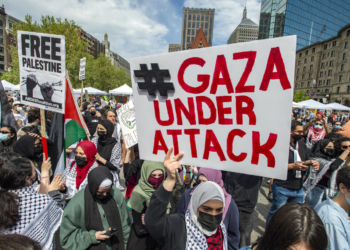 Thousands gathered together during a a rally to support Palestine and call for an end with the war with Israel at Copley Square in Boston, Massachusetts on May 15, 2021.  Speakers called for an end of international and U.S funding of IsraelÕs military.