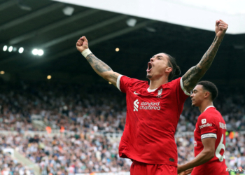 Soccer Football - Premier League - Newcastle United v Liverpool - St James' Park, Newcastle, Britain - August 27, 2023 Liverpool's Darwin Nunez celebrates scoring their first goal REUTERS/Scott Heppell EDITORIAL USE ONLY. No use with unauthorized audio, video, data, fixture lists, club/league logos or 'live' services. Online in-match use limited to 75 images, no video emulation. No use in betting, games or single club /league/player publications.  Please contact your account representative for further details.     TPX IMAGES OF THE DAY