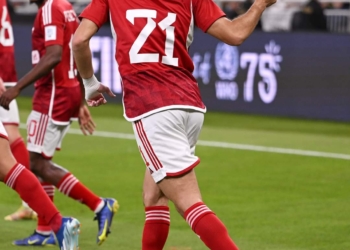 JEDDAH, SAUDI ARABIA - DECEMBER 15: Ali Maaloul of Al Ahly FC celebrates after scoring their team's first goal from a penalty kick during the FIFA Club World Cup Saudi Arabia 2023 match between Al Ahly FC and Al Ittihad FC at King Abdullah Sports City on December 15, 2023 in Jeddah, Saudi Arabia. (Photo by Tullio Puglia - FIFA/FIFA via Getty Images)