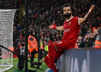 LIVERPOOL, ENGLAND - JANUARY 01:(THE SUN OUT. THE SUN ON SUNDAY OUT) Mohamed Salah of Liverpool celebrates after scoring the fourth Liverpool goal during the Premier League match between Liverpool FC and Newcastle United at Anfield on January 01, 2024 in Liverpool, England. (Photo by John Powell/Liverpool FC via Getty Images)