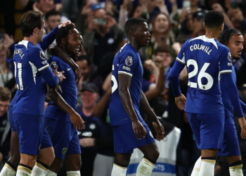 Chelsea's English midfielder #07 Raheem Sterling (2ndL) celebrates with teammates after scoring his team's second goal during the English Premier League football match between Chelsea and Luton at Stamford Bridge in London on August 25, 2023. (Photo by HENRY NICHOLLS / AFP) / RESTRICTED TO EDITORIAL USE. No use with unauthorized audio, video, data, fixture lists, club/league logos or 'live' services. Online in-match use limited to 120 images. An additional 40 images may be used in extra time. No video emulation. Social media in-match use limited to 120 images. An additional 40 images may be used in extra time. No use in betting publications, games or single club/league/player publications. /
