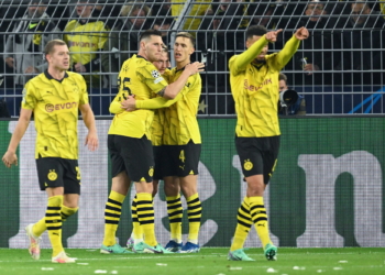 Dortmund's German midfielder #19 Julian Brandt (C) celebrates scoring the 2-0 goal with his team-mates during the UEFA Champions League Group F football match between BVB Borussia Dortmund and Newcastle United FC in Dortmund, western Germany on November 7, 2023. (Photo by INA FASSBENDER / AFP)