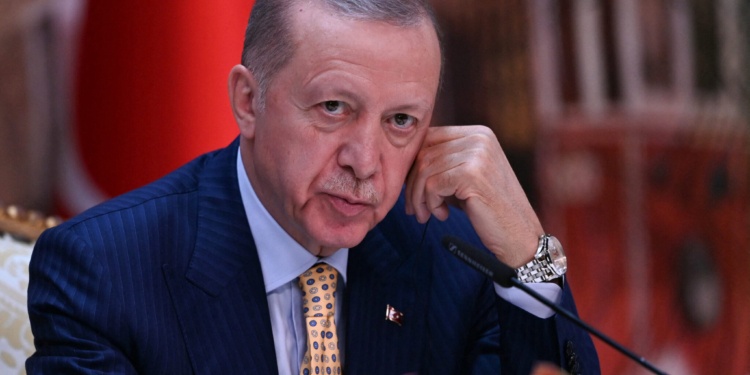 Turkish President Recep Tayyip Erdogan attends a joint press conference with Ukrainian President at the Dolmabahce Presidental office in Istanbul on March 8, 2024. (Photo by OZAN KOSE / AFP)