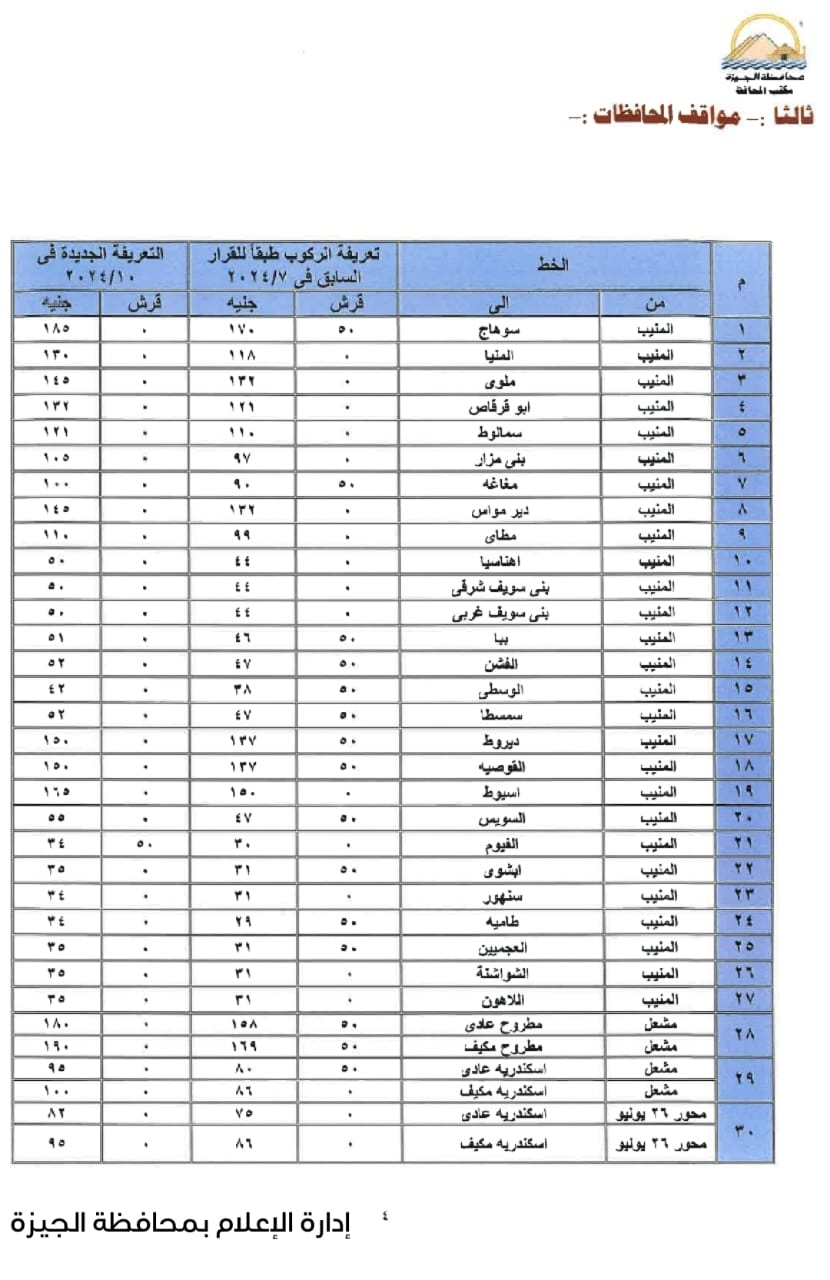 قائمة أسعار المواصلات الجديدة 2024