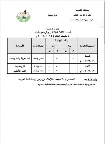 جدول امتحانات نصف العام