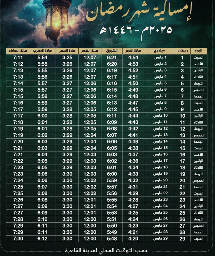 موعد الإفطار وعدد ساعات الصيام اليوم