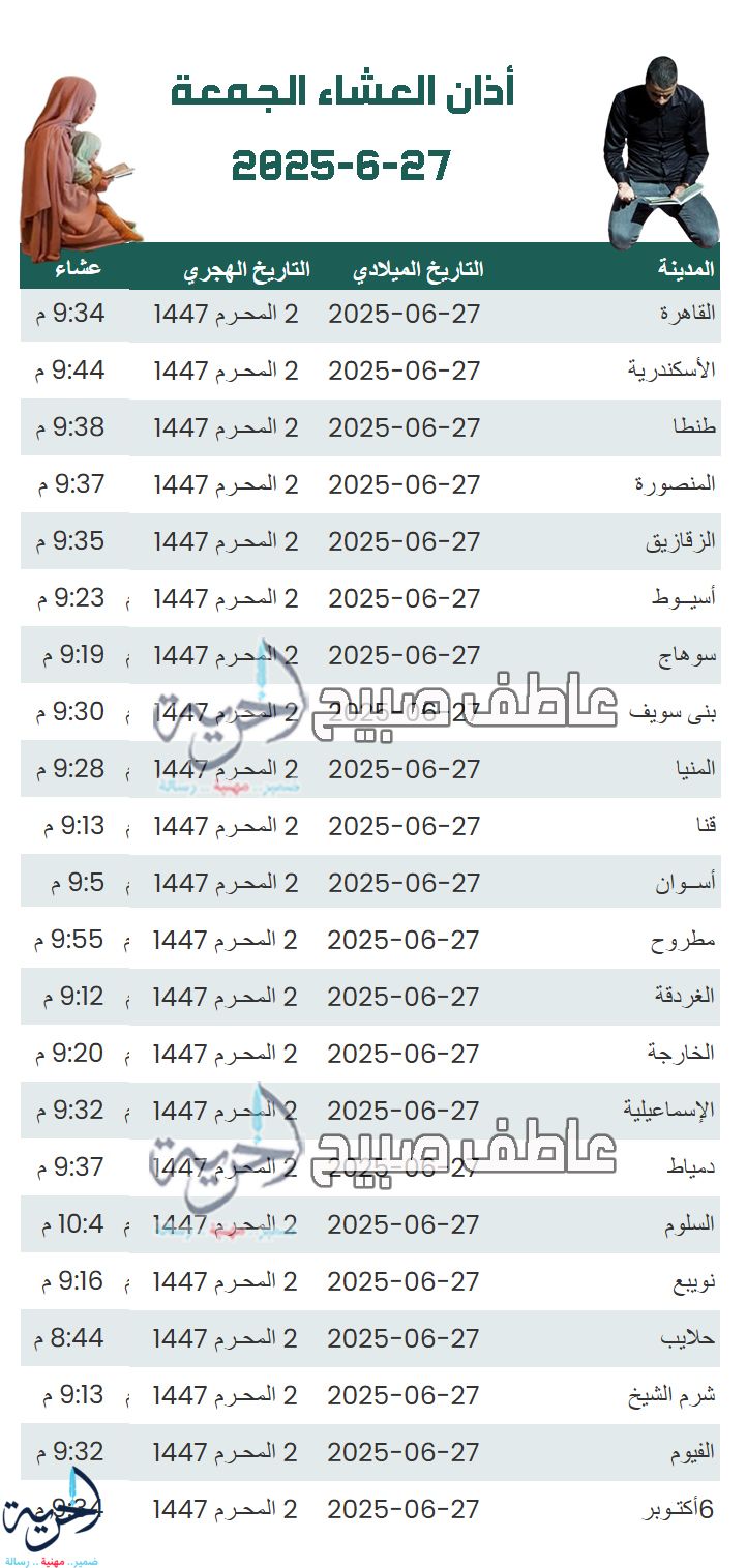 إنفوجراف أذان العشاء الجمعة - مواقيت الصلاة