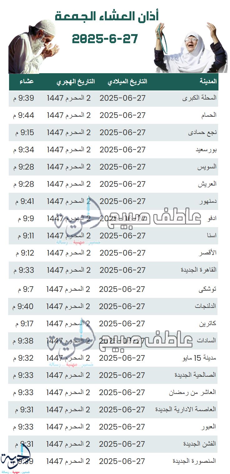إنفوجراف أذان العشاء الجمعة - مواقيت الصلاة