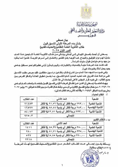 نص قرار بدء تنسيق طلاب الثانوية العامة 2025