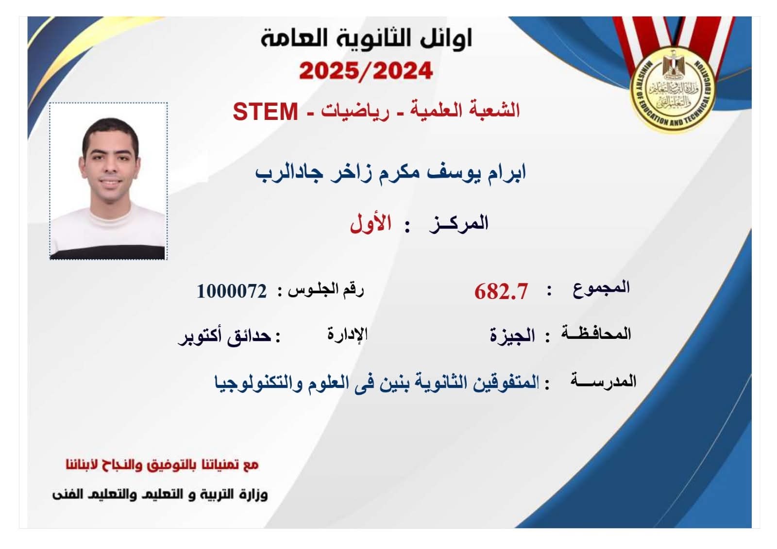 أوائل الثانوية العامة 2025 علمي رياضة