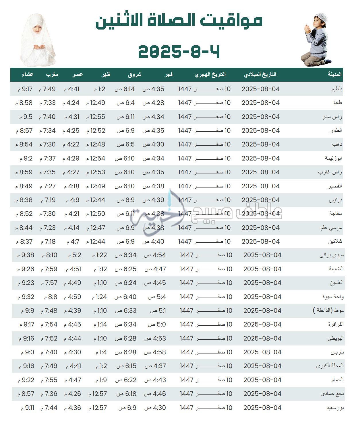 مواقيت الصلاة الاثنين في مصر