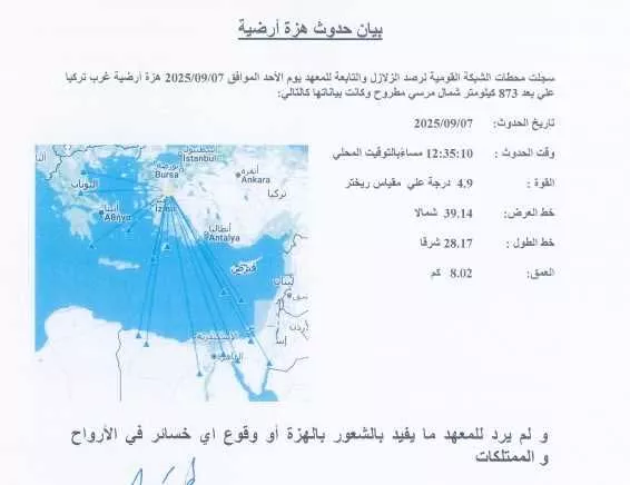 زلزال بقوة 4.9 ريختر يضرب شمال مطروح