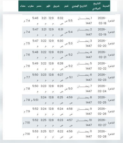 إمساكية رمضان 2026