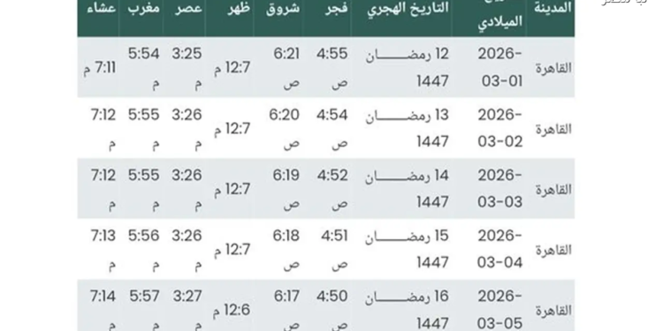 إمساكية رمضان 2026 بمواقيت الأذان وعدد ساعات الصيام