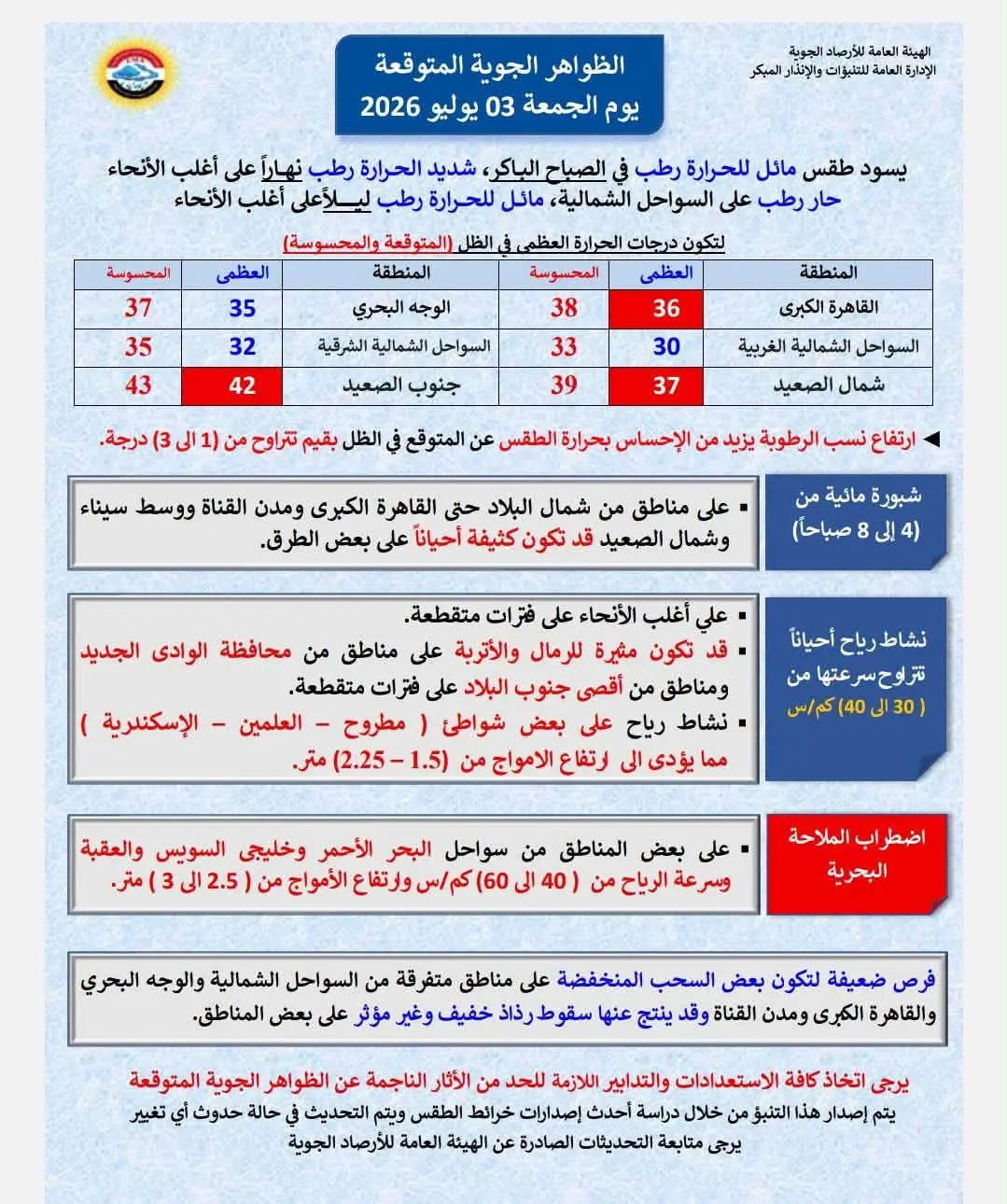 الطقس غدًا الجمعة 3 يوليو 2026